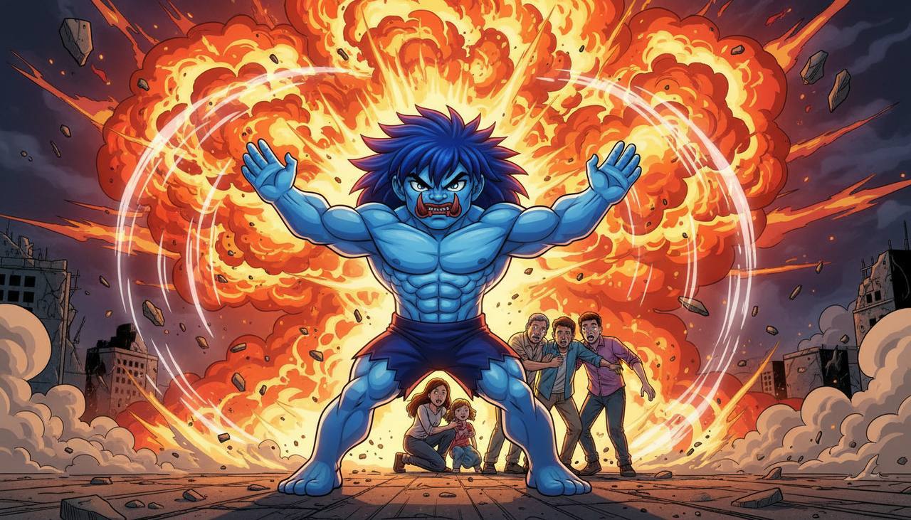 Cosmic shielding civilians from a fire explosion