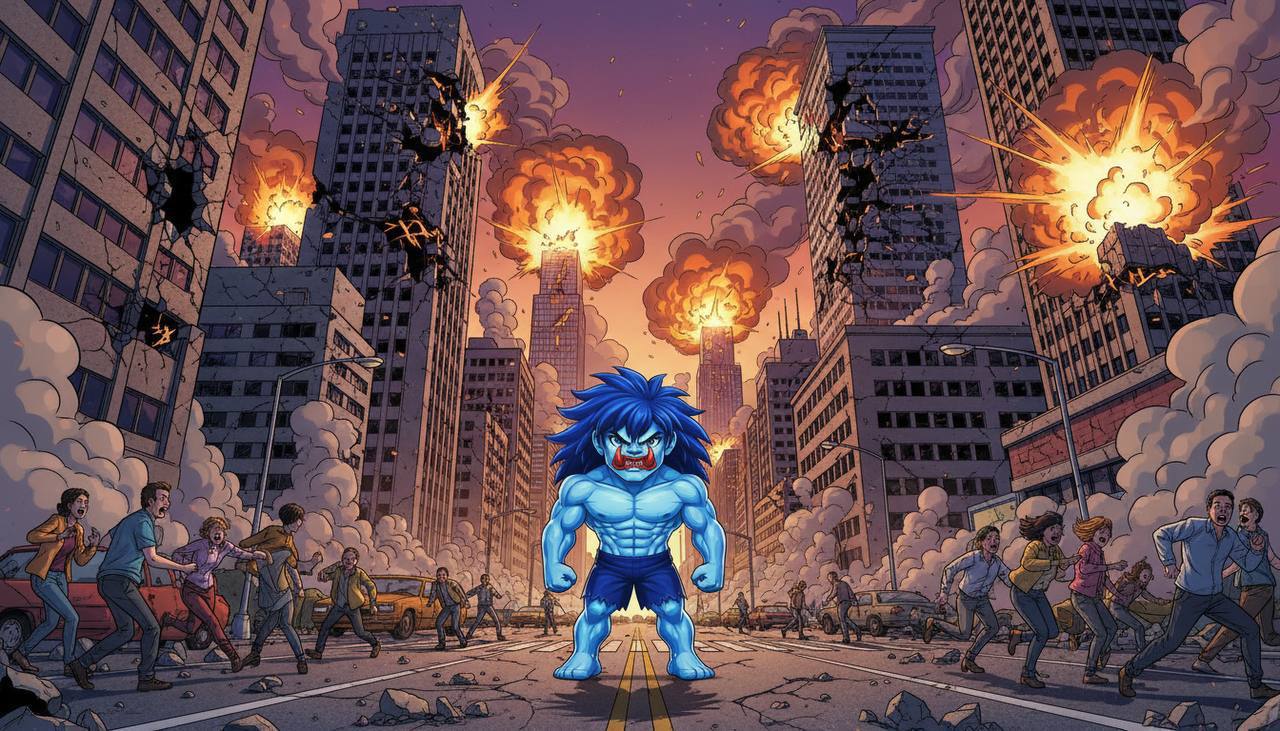 Cosmic walking forward through burning skyscrapers